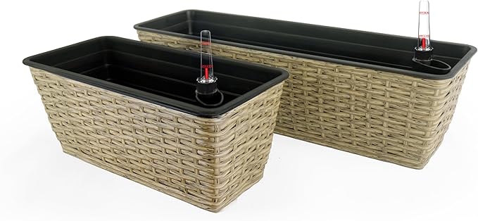2 Pack Smart Self Watering Rectangle Planter for Indoor and Outdoor Hand Woven Wicker Brown