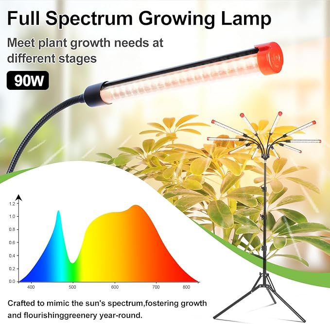 10Head Grow Light with Stand for Tall&ampLarge Indoor Plants Bonsai Tree Big Coverage and Bright Plant Growing Lamps 4/8/12/16/20H Timer 90 Watt Power Draw NO Need Adapter 360° Gooseneck