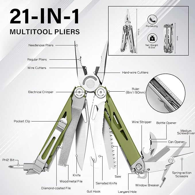 Multitool 21-in-1 Multi Tool Pliers with Safety Locking and Spring-Action Scissors Heavy-duty Stainless Steel Multi-tool Set with Nylon Sheath for Work Home Garden DIY &amp Auto Olive Green