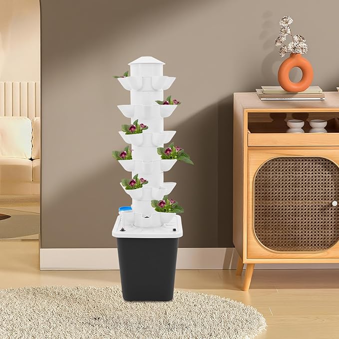 Hydroponic Growing System 30-Plant Vegetable Planter Tower Outdoor Indoor Garden Vertical Planter Germination Kit with Water Pump &amp Intelligent Water Circulation for Gardening Lover