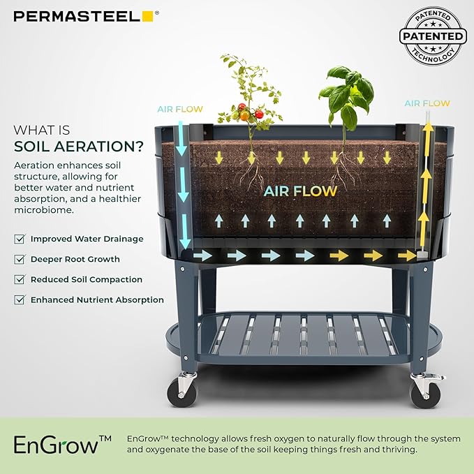 Permasteel Raised Garden Bed with Legs Planter Box with EnGrow™ TrueSoil™ Technology for Vegetables Flowers Herbs and Fruit Outdoor Indoor Storage Shelf Caster Wheels Blue