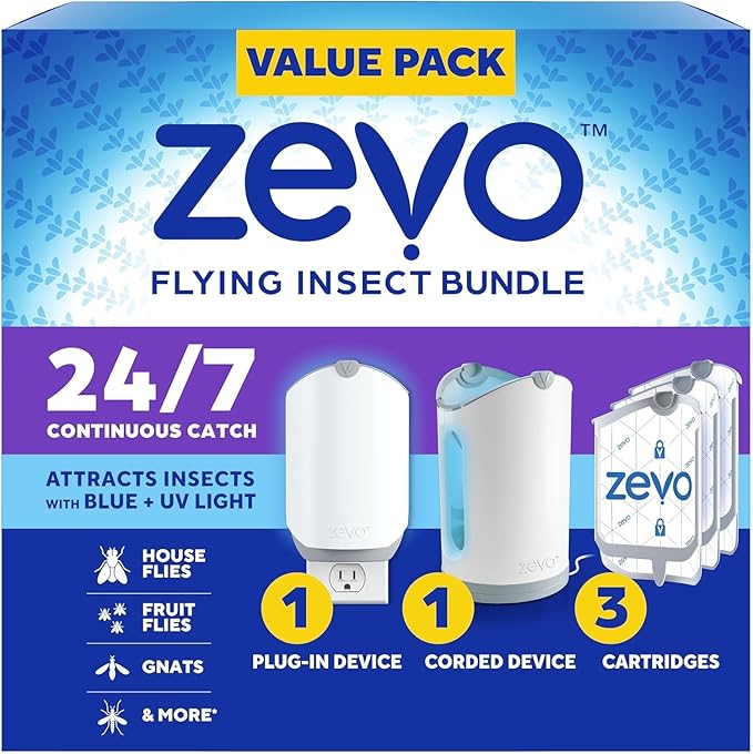 Zevo MAX Bug Catcher &amp Fly Trap for Indoors - Flying Insect Trap for Gnats House &amp Fruit Flies - Use in Any Room - No-Mess Disposal (2 Plug in Bases &amp 3 Cartridges)