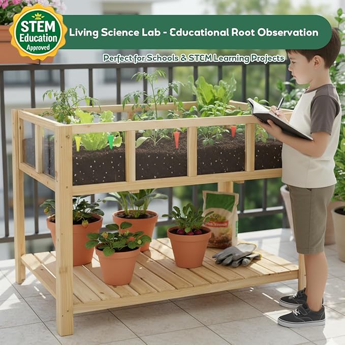 PetsCosset Raised Garden Bed with Legs Elevated Planter Box Stand with Storage Shelf &amp Observation Panels for Backyard Patio Balcony No Bending Design (Natural Wood)