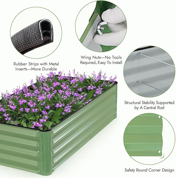 INNO STAGE Galvanized Raised Garden Bed Kits 4x2x1ft Metal Raised Garden Beds Outdoor Steel Raised Planter Bed with Gloves for Vegetables &amp Flowers Patio Ground Planter Box (Olive Green 2PCS)