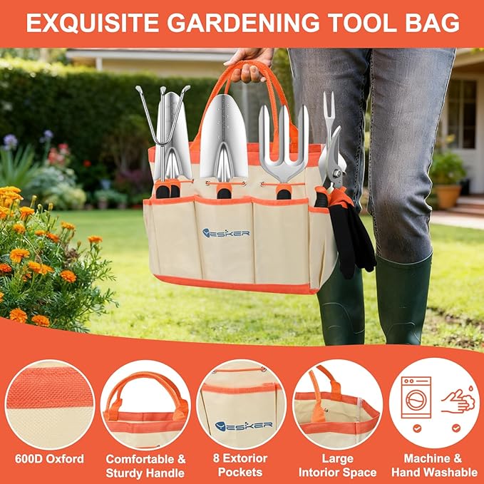 Yesker Gardening Tools 9-Piece Heavy Duty Garden Tool Set Gardening Supplies Gifts for Women Men Gardening Hand Tool Kit with Non-Slip Ergonomic Handle Garden Bag Durable Gloves and Shears Orange