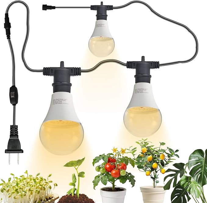 LED Grow Light String Bulb A25 Bulb Full Spectrum Growing Lamp Bulbs E26 Base 15W 130W Equivalent Outdoor and Indoor Plants Seed Starting (3 Bulbs 45W (12FT))