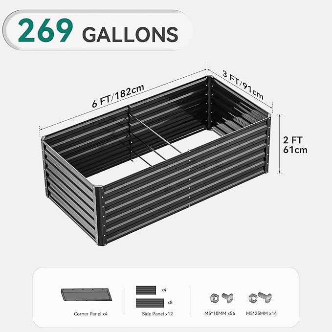 YITAHOME 6x3x2ft Raised Garden Bed Kit Galvanized Raised Bed with Gloves &amp Support Rod Outdoor Patio Planter Box for Plants Vegetables Flowers Black