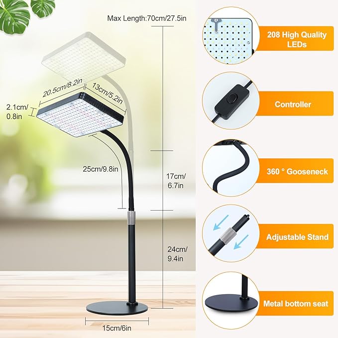 FECiDA Desk Grow Lights for Indoor Plants Bonsai Seed Starting Table Top Grow Light UV-IR Full Spectrum 25 Watt Power Draw Bright Enough LED Growing Lamp 16-24 Height Adjustable