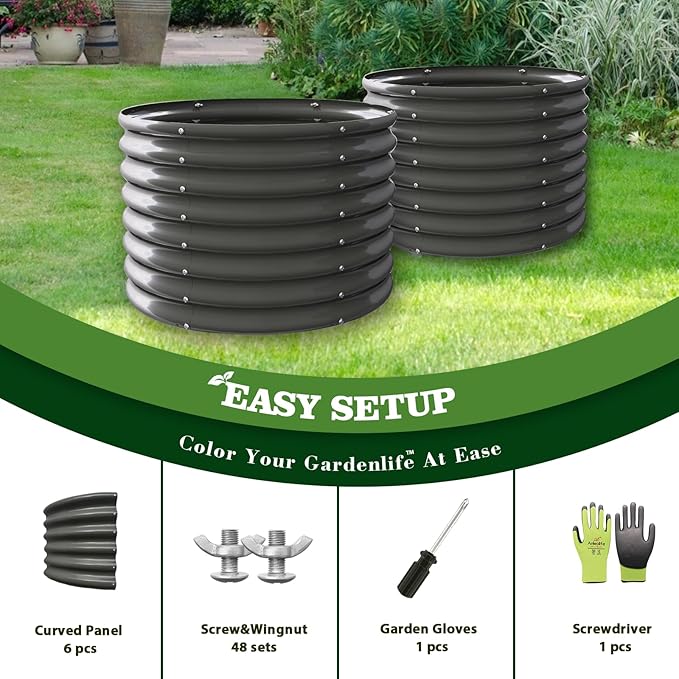 A ANLEOLIFE 2-Pack 3ft x 24” Tall Galvanized Raised Garden Beds Outdoor Round Metal Planter Box for Planting Vegetables Flowers Herb Anti-Rust &amp Easy-Setup Quartz Grey