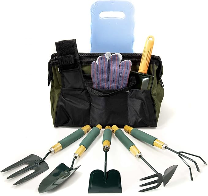 Complete 9pc Home Garden Tools Set for Mom with Fork Hoe Rake Shovel Spade Digger and Gloves