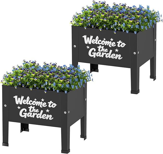 aboxoo 2 Packs 14 Inch Spray-Painted Style Small Planter Raised Garden Bed with LegsOutdoor Metal Planter Box for PatioElevated Garden Bed for Vegetables Flower Herb(Black)