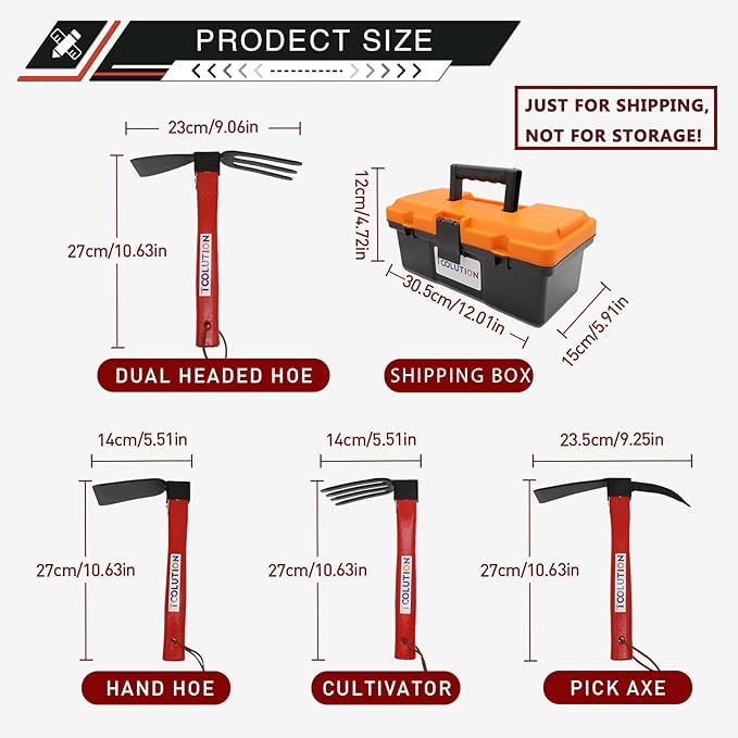 4-Pcs Gardening Tool Set – Pick Axe Hoe Hand Tiller &amp Garden Rake with 10.6 Wooden Handles DIY Assembly Required Garden Tools for Digging Soil Loosening Weeding &amp Cultivating