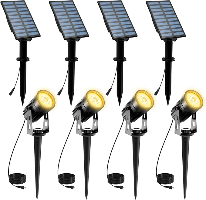 4 Pack Solar Landscape Spotlights T-SUNUS Garden Spot Light IP65 Waterproof 9.8ft Cable 2000mAh Separated Panel Auto On/Off for Garden Driveway Pathway Pool Area Warm White 3000K