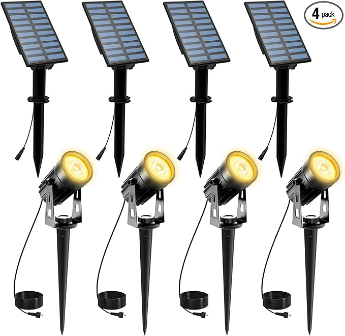 T-SUNUS 4 Pack Solar Landscape Spotlights Solar Garden Spot Light IP65 Waterproof 9.8ft Cable 2000mAh Separated Solar Panel Auto On/Off for Garden Driveway Pathway Pool Area(Warm White 3000K)