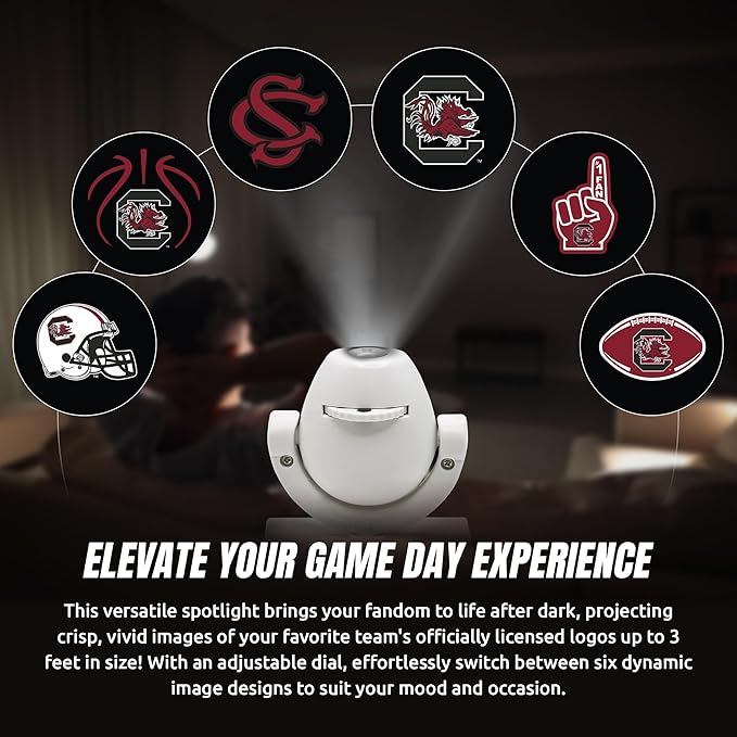 Sporticulture NCAA American Football South Carilona - Adjustable Led Mini Spotlight Projector with 6 Team Logo Designs - Portable &amp Rechargeable Spotlight - Battery-Operated - 4.375” x 3.125”