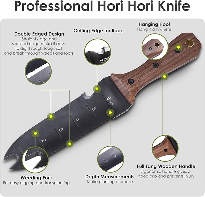 Hori Hori Garden Knife Garden Tools with Sheath for Weeding Planting Digging 7 Stainless Steel Blade with Cutting Edge Full-Tang Walnut Wood Handle with Hanging Hole