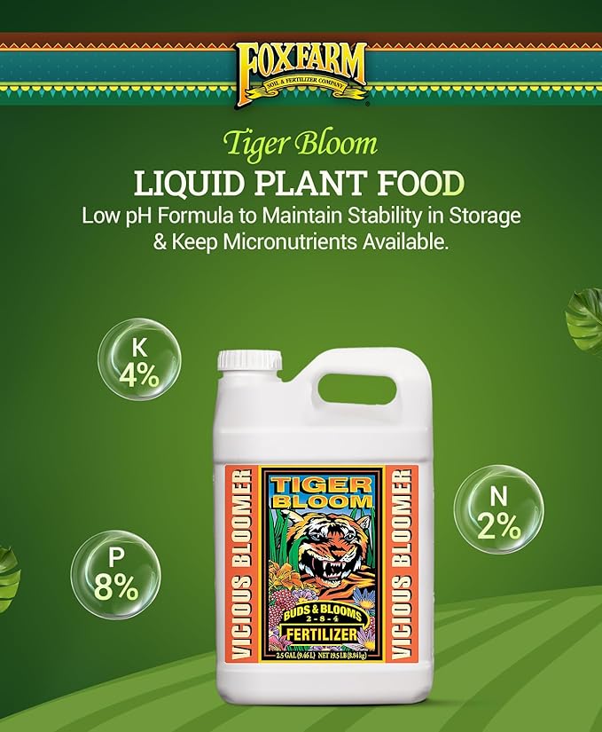 FoxFarm Tiger Bloom Liquid Plant Food - Phosphorus Fertilizer for Buds Blooms &amp Flowering - Supports Soil &amp Hydroponic Systems - High Micronutrient Formula with 2-8-4 Nutrient Ratio - 2.5 Gal