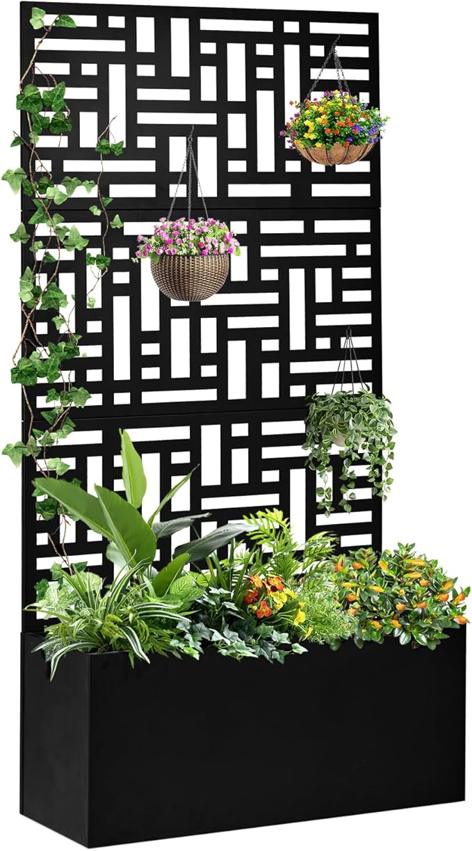 Outvita Metal Planter Box with Trellis 71’’ x 36’’ x 16’’ Raised Garden Bed with Drainage Holes for Climbing Plants Vegetables Vines Privacy Planters for Patio (Black)