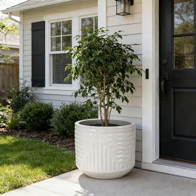 Handmade Ceramic Planter Pot 16 Inch Diameter 1 Cream White with Geometric Pattern for Monstera Deliciosa and Fiddle Leaf Fig IndoorOutdoor Doorway Use Breathable Clay