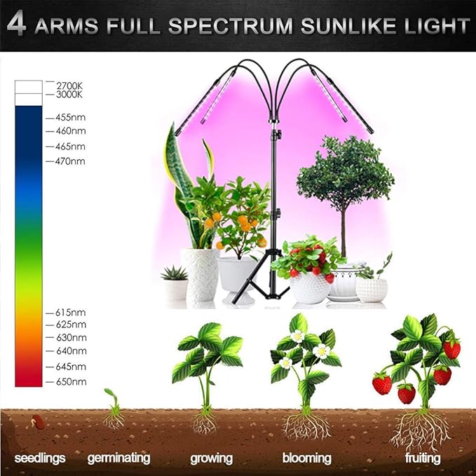 Grow Lights for Indoor Plants 4 Head LED Grow Light with Stand 84 Lamp Beads Full Spectrum Floor Plant Growing Lamps for Succulent and Seedling with Adjustable Tripod Auto Cycle Timer