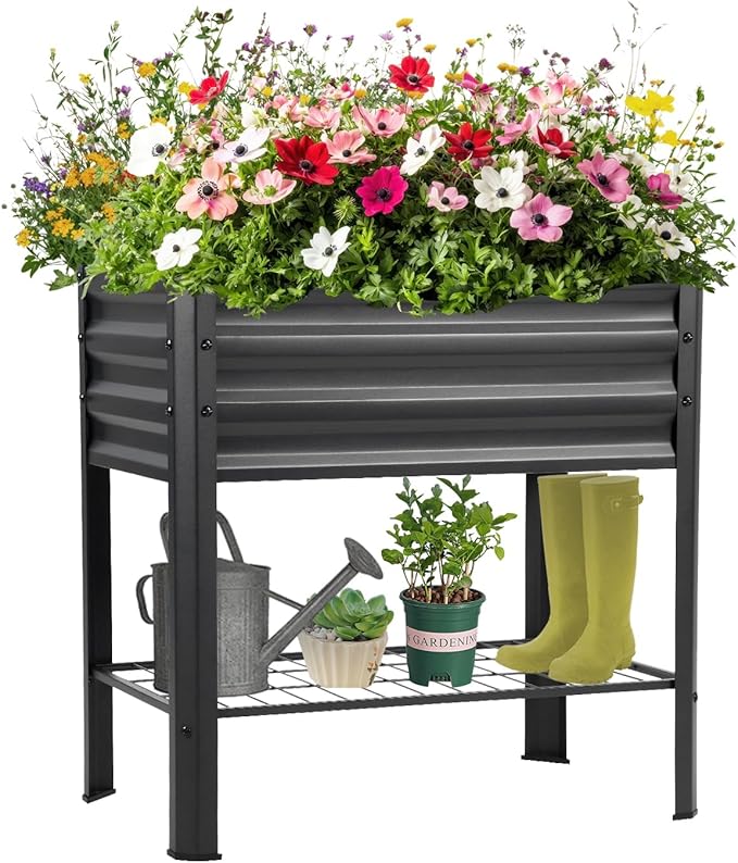 Raised Garden Bed with Legs and Shelf 2pcs 32x20x31.5 Elevated Metal Planter with Legs for Outdoor Vegetables and Herbs Standing Raised Beds for Balcony Patio Lawn and Backyard