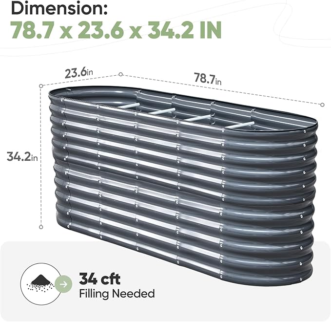 KING BIRD Raised Garden Bed Galvanized Planter Garden Box Outdoor for Gardening Deep Root Vegetables Flowers 78.7X23.6X34.2 in Dark Grey 2.85 ft Tall 9 in 1