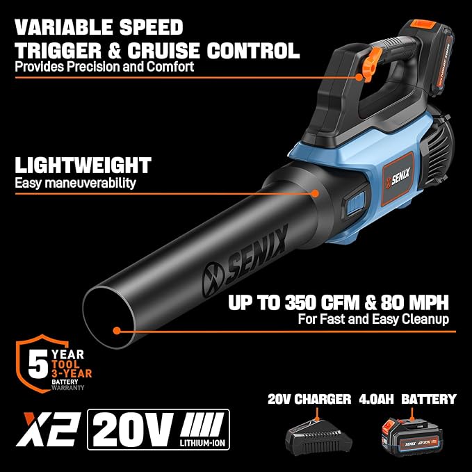 SENIX X2 20 Volt Max* 2-Piece Cordless Power Tool Combo Kit with Battery Powered 10-Inch String Trimmer and Variable Speed Leaf Blower Includes 4.0 Ah Battery &amp Charger (S2K2B1-03)