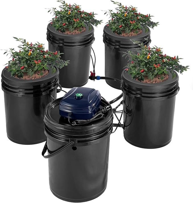 Happybuy RDWC Hydroponics Grow System Recirculating Deep Water Culture Kit 4 Buckets &amp 1 Reservoir with Top Drip Air Pump Water Level Device for Leafy Vegetables