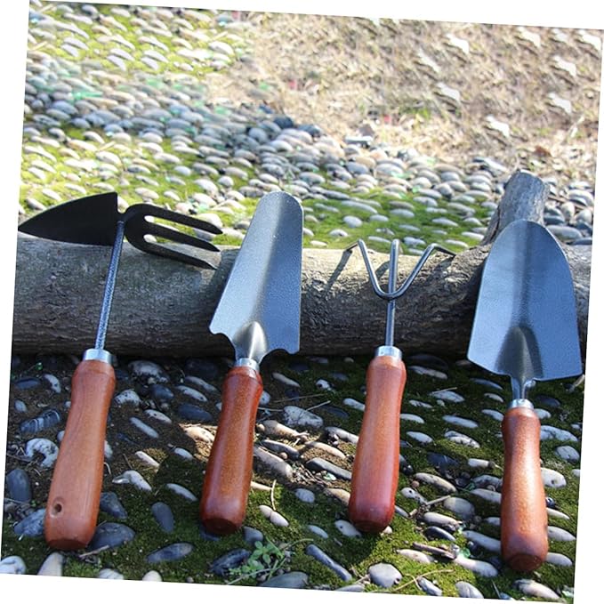 4pcs Gardening Tool Set with Hand Trowel Narrow Spade 3-Claw Rake and Dual-Purpose Hoe for Planting and Potting Mini Garden Shovel Kit for Backyard and Indoor Use