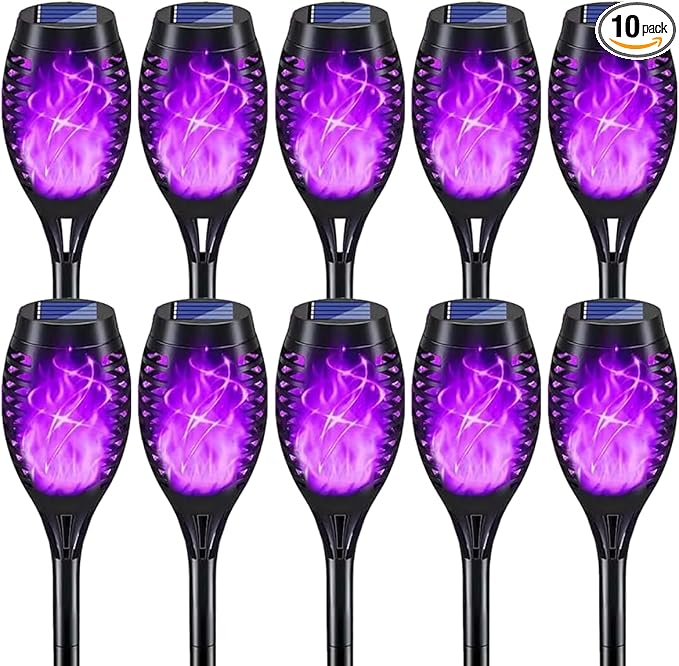 Solar Lights Outdoor Decorations Upgraded Purple Flickering Flame Waterproof Halloween Torch Lights Tiki Torches for Outside Patio Pathway Decor 6 Pack (10)