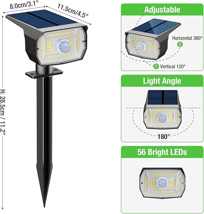 [ 8 Pack/56 LED ] Solar Lights Outdoor Motion Sensor Spot Landscape Lighting with 3 Modes Waterproof Spotlights Dusk to Dawn for Outside Yard Tree Garden Pathway Sidewalk Driveway Cool White