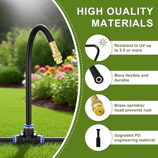 Automatic Drip Irrigation Kit - 50FT with Tool-Free Quick Connectors 15 Copper Atomizing Nozzles &amp 360° Bendable Spray for Garden Greenhouse Lawn Plants