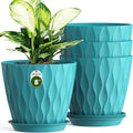 8 Inch Plant Pots with Saucers (4 Pack) - Modern Ribbed Flower Pots for Indoor Plants - Sturdy Decorative Planters for Snake Plant &amp Flowers - Drainage Holes (4 Blue)