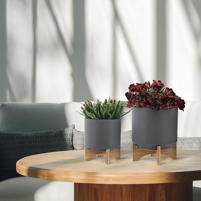 S2 810 Planter W Wood Stand Matte Gray