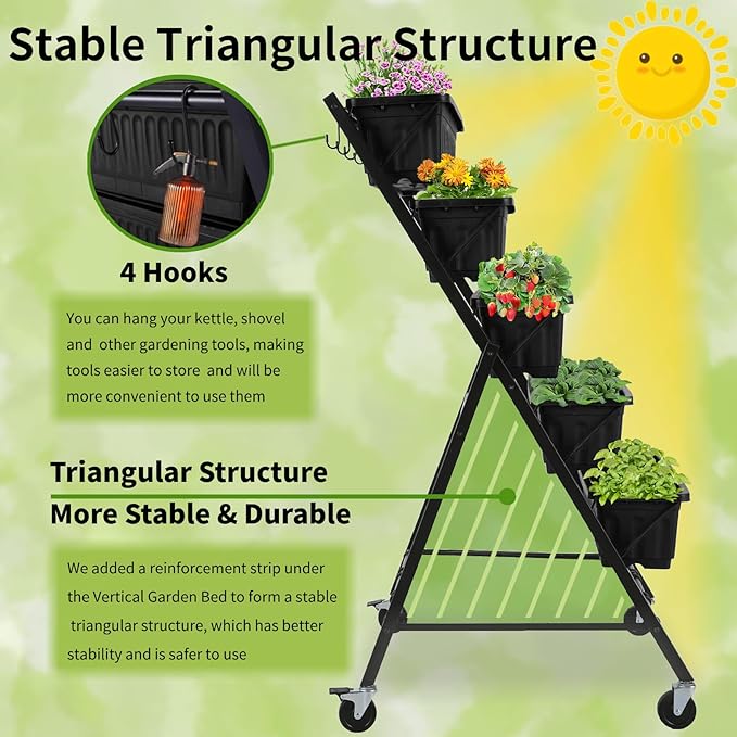 Homdox 4FT Vertical Garden Bed 5 Tiers Raised Garden Planter 25.6 * 26 * 48Inch with 4 Hooks &amp 4 Wheels Vegetable Flower Stand for Garden Patio Yard Black