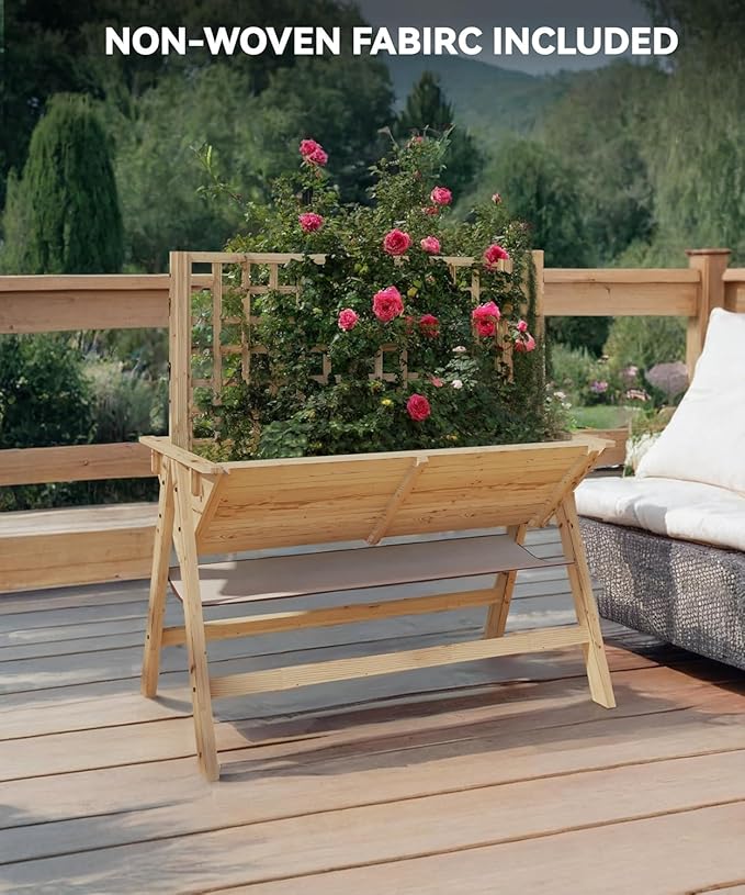 Raised Garden Bed with Legs 52x30x54In Wooden Planter Box with Trellis Outdoor Standing Vertical Horticulture Trellis Planter with Drainage Holes for Vegetables Flowers and Herbs Natural