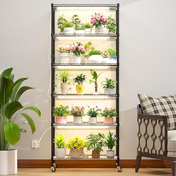 Plant Shelf with Grow Light DIY 6-Tier Plant Stand with Grow Light Adjustable Rack and Wheels 8 Pack 24 192W T8 Full Spectrum Grow Lamp for Indoor Plants Seed Starting Vegetable 29x13.5x73.5