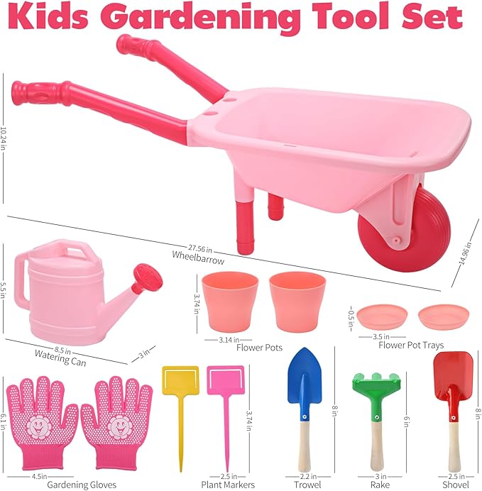 CUTE STONE Kids Gardening Tool Set Pink Wheelbarrow with Garden Toys with Watering Can Gloves Hand Rake Shovel Trowel Outdoor/Indoor Pretend Play Toys for Toddlers Boys Girls Age 3+