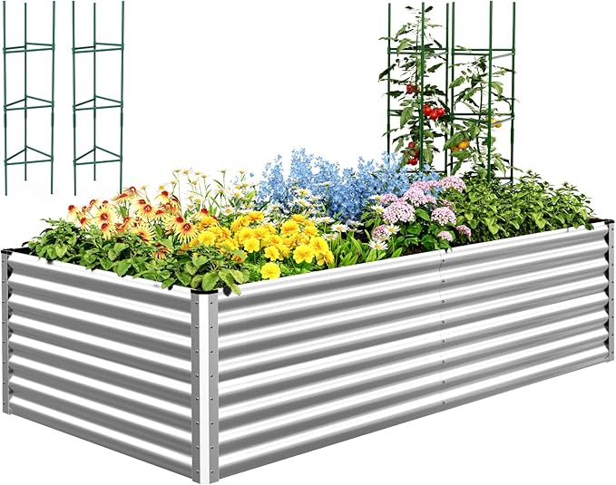 Quictent Galvanized Raised Garden Bed 8x4x2 Ft Tall Metal Planter Box for Vegetables Outdoor Bottomless for Backyard 2 Tomato Cages Included 22.04 Deep (Silver)