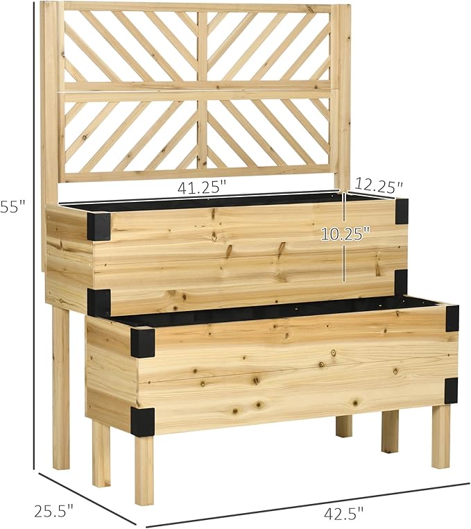 Raised Garden Bed with Trellis 2 Tier Wooden Elevated Planter Box with Legs and Metal Corners for Vegetables Flowers Herbs Natural