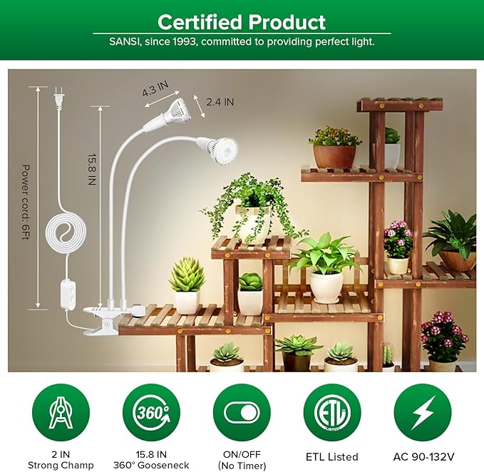 SANSI LED Grow Lights for Indoor Plants 300W Full Spectrum Clip-on Gooseneck Grow Light with Ceramic Tech.20W Plant Light for Indoor Growing High PPFD Lifetime Free Bulb Replacement White No Timer