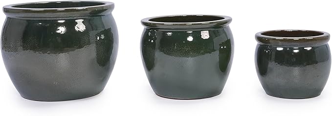 Handmade Dark Green Glazed Ceramic Planter Set of 3 15129 Inch Diameter Solid Glossy for Succulents Herbs Outdoor G Indoor Staircase Use Breathable Clay with Drainage Holes