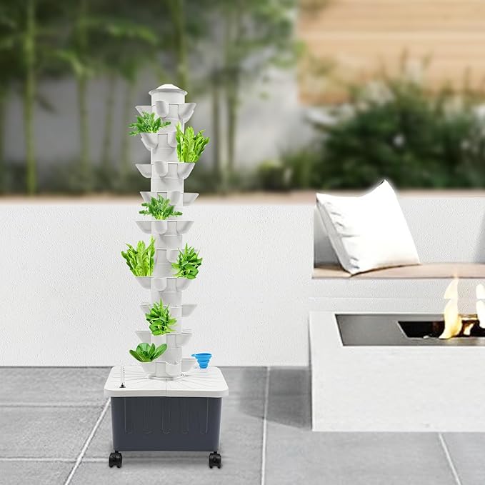 Hydroponic Growing System Indoor Garden Kit 50-Plant Vertical Design with Auto-Watering Pump &amp 5.28Gal Mobile Tank - 12V Energy Saving Lockable Wheels Durable PP for Vegetables/Herbs/Flowers