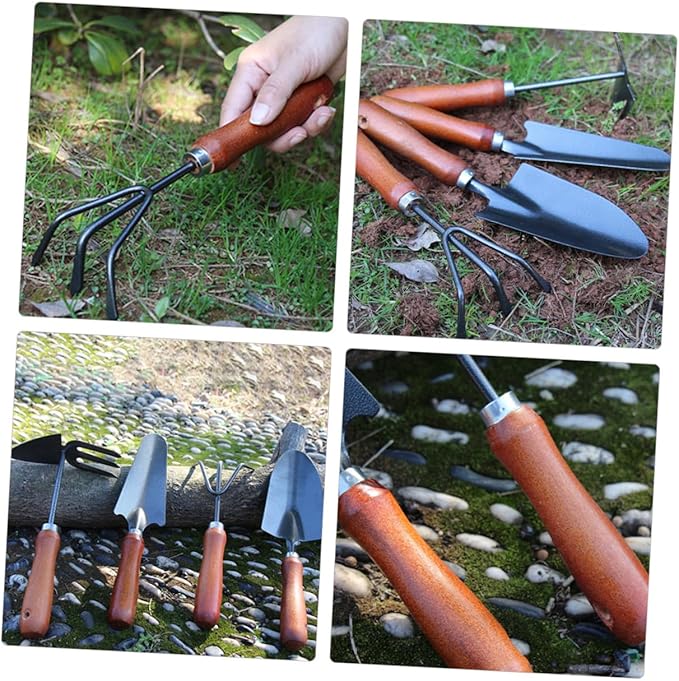 DOITOOL Garden Tool Set 4pcs Small Shovels for Digging Hand Trowel with Extended Narrow Spade Three-Prong Rake Dual-use Hoe and Rake Metal Gardening Supplies for Flower Planting