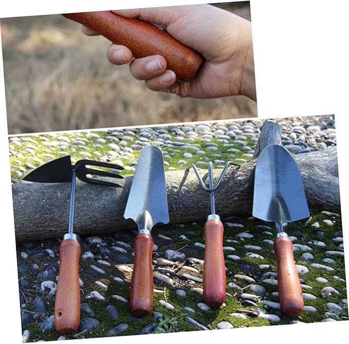 4pcs Mini Garden Tool Set Thickened Stoving Varnish Iron Shovels and Wooden Handles for Planting and Weeding in Home Garden and Potted Plants