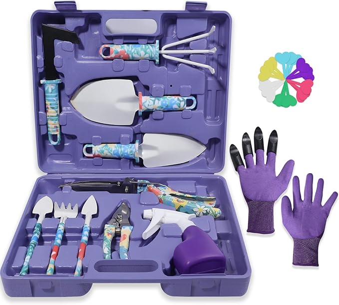 Garden Tool Set Stainless Steel Heavy Duty Gardening Tools 30 PCS w/Floral Print Trowel Rake Weeder Pruner Shears Sprayer Digging Claw Gloves Ideal Gardening Set for Women