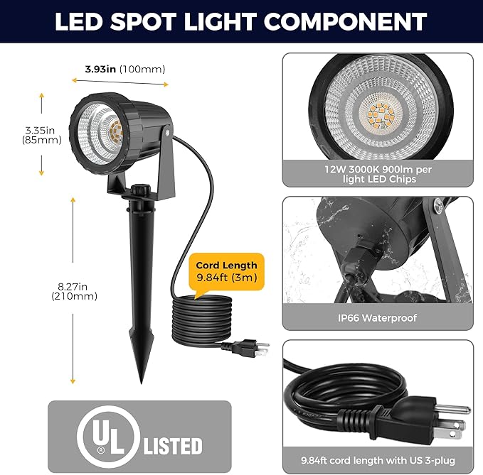 L LOHAS LED 12W Dusk to Dawn Outdoor Lighting Auto On/Off 3000K Landscape Outdoor Spotlight IP66 Waterproof Plug in Spot Lights for Yard Garden House Pathway Plant(2 Pack)