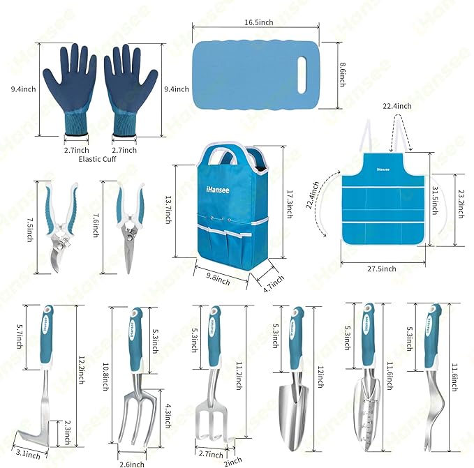 Blue Garden Tool Sets 12-Piece Aluminum Gardening Hand Tools w/Ergonomic Handle Garden Supplies Organizer Handbag Kneeling Pad Apron and Gloves Gift for Women Garden Starter Kit for Women