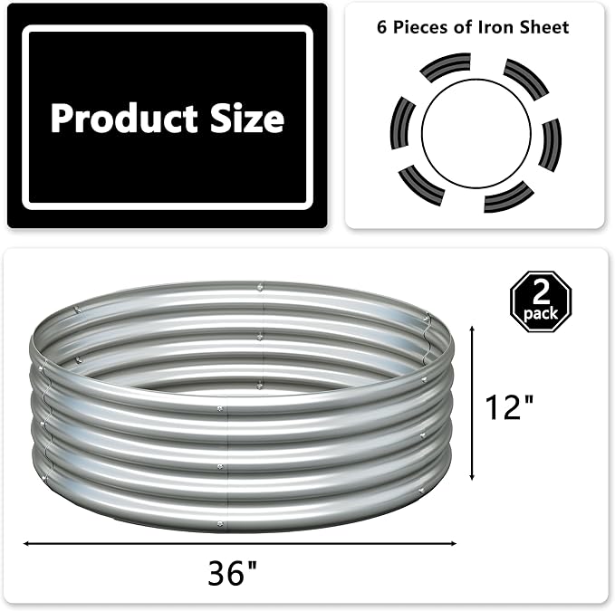 3x3x1ft(2 Pack) Galvanized Round Raised Garden BedOutdoor Planter Box Metal Patio Kit Planting Bed for Vegetables Flowers HerbSilver