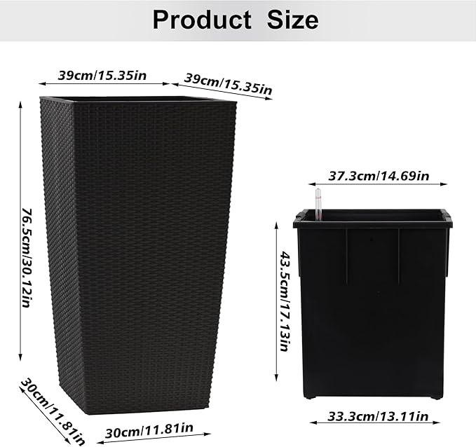 IndoorOutdoor Faux Rattan Square Planter 30 Inch Black Plastic Large Planter with Automatic Watering System for Home and G(Black 30 Inch 1)